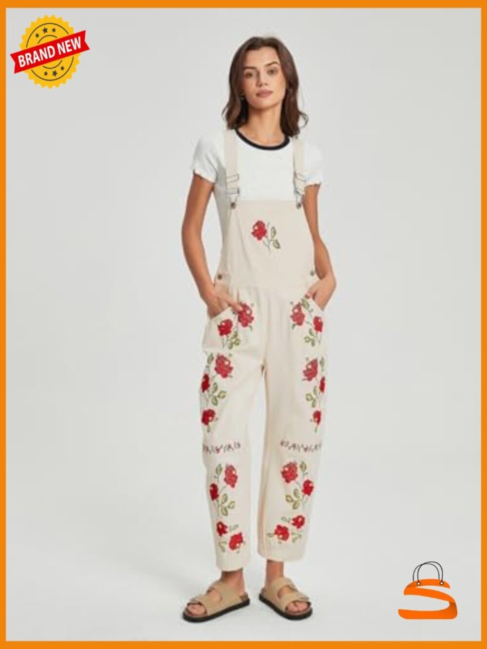 Loose Fit Floral Embroidered Denim Bib Jumpsuit Barrel Pants Overalls with - Picture 5 of 7